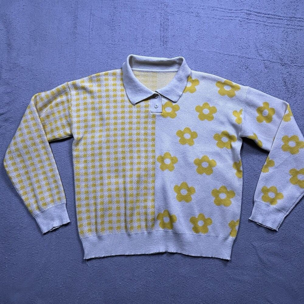 Unbranded Polo Sweater Womens‎ M Yellow Gingham Daisy Floral Y2K Knit
